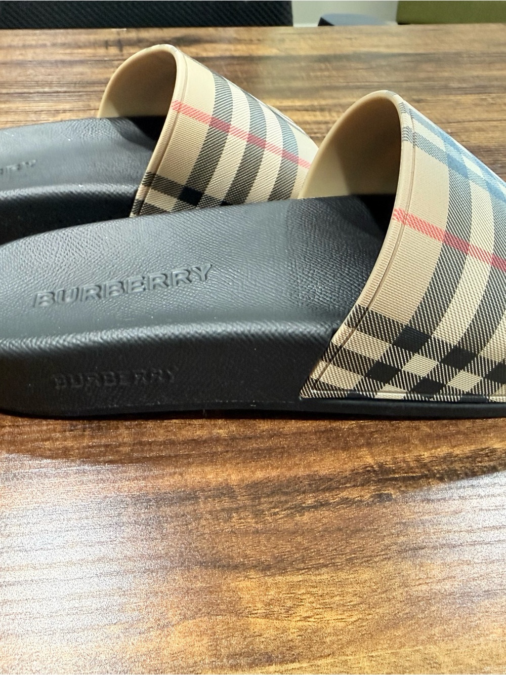 Burberry Plaid Slide Sandals in Beige and Black - Picture 4 of 9